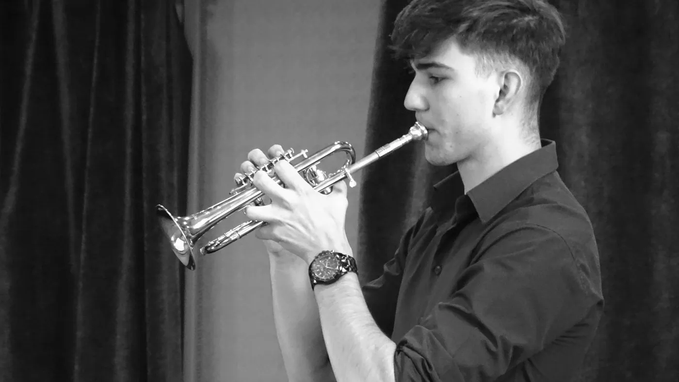 Ágoston Végh playing the trumpet